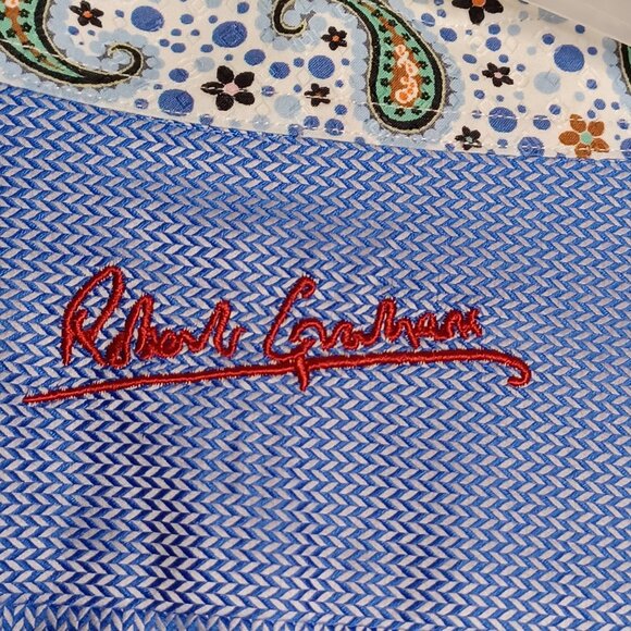 Robert Graham Shirt Mens 47(38/39)Tall SkyBlue Herringbone Long Sleeve Flip Cuff - Picture 12 of 13
